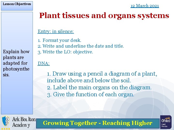 Lesson Objectives 12 March 2021 Plant tissues and organs systems Entry: in silence: Explain