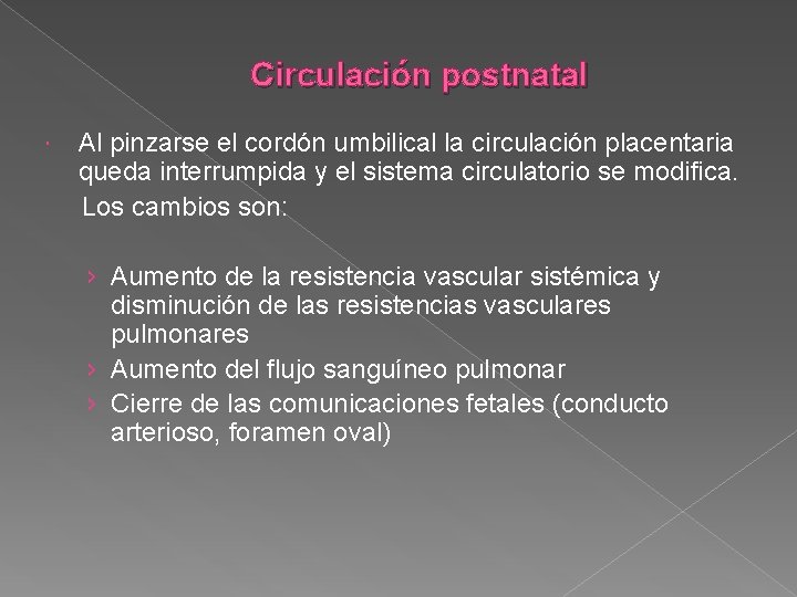 Circulación postnatal Al pinzarse el cordón umbilical la circulación placentaria queda interrumpida y el