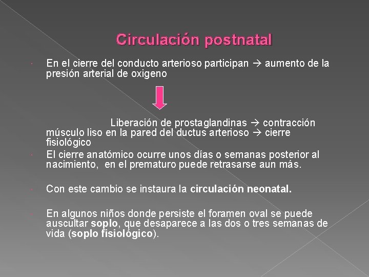 Circulación postnatal En el cierre del conducto arterioso participan aumento de la presión arterial