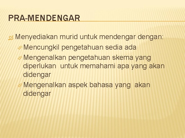 PRA-MENDENGAR Menyediakan murid untuk mendengar dengan: Mencungkil pengetahuan sedia ada Mengenalkan pengetahuan skema yang