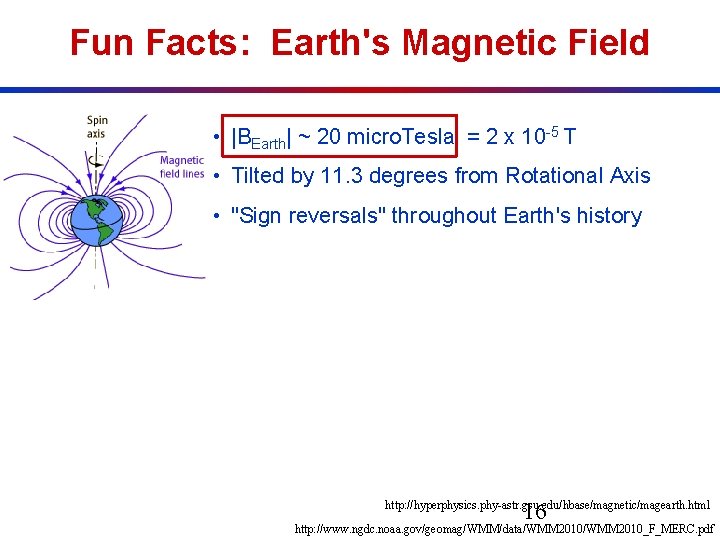 Fun Facts: Earth's Magnetic Field • |BEarth| ~ 20 micro. Tesla = 2 x