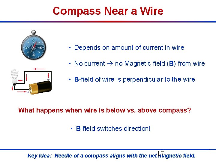Compass Near a Wire • Depends on amount of current in wire • No