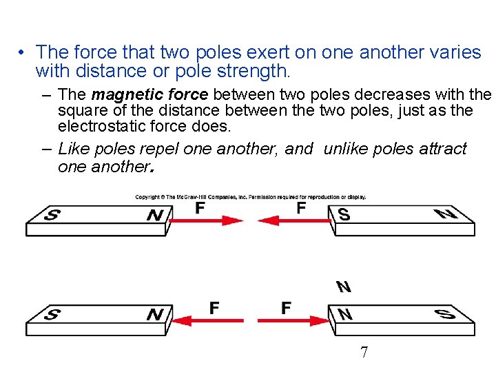  • The force that two poles exert on one another varies with distance