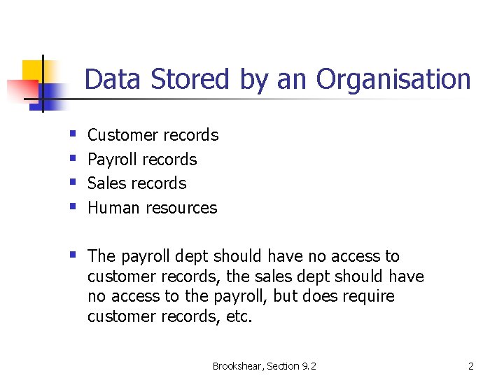 Data Stored by an Organisation § § Customer records Payroll records Sales records Human