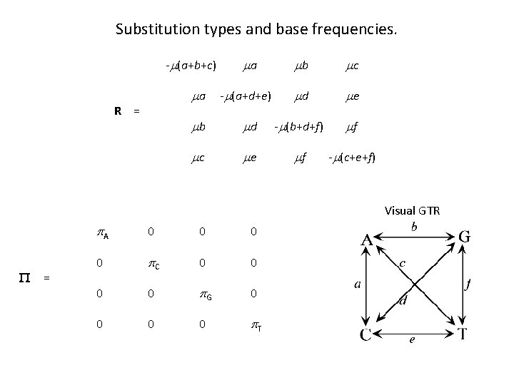 Substitution types and base frequencies. -m(a+b+c) R = ma ma -m(a+d+e) mb mc md
