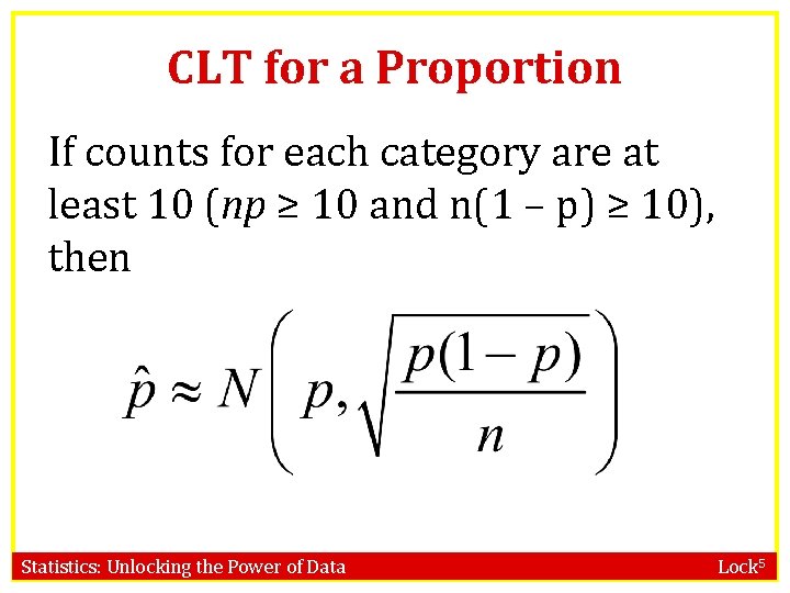CLT for a Proportion If counts for each category are at least 10 (np
