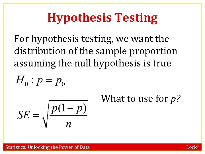 Hypothesis Testing For hypothesis testing, we want the distribution of the sample proportion assuming