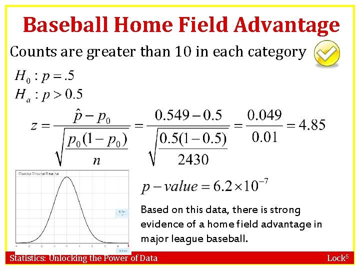 Baseball Home Field Advantage Counts are greater than 10 in each category Based on