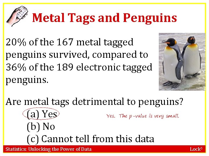 Metal Tags and Penguins 20% of the 167 metal tagged penguins survived, compared to