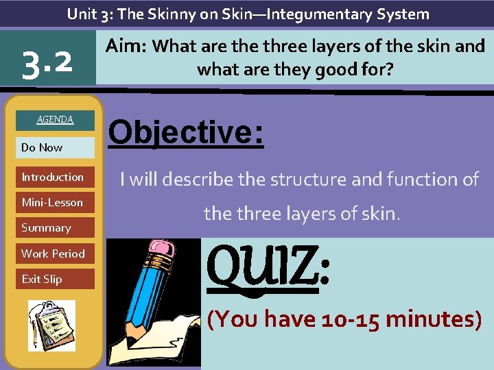 Unit 3: The Skinny on Skin—Integumentary System 3. 2 AGENDA Do Now Introduction Mini-Lesson