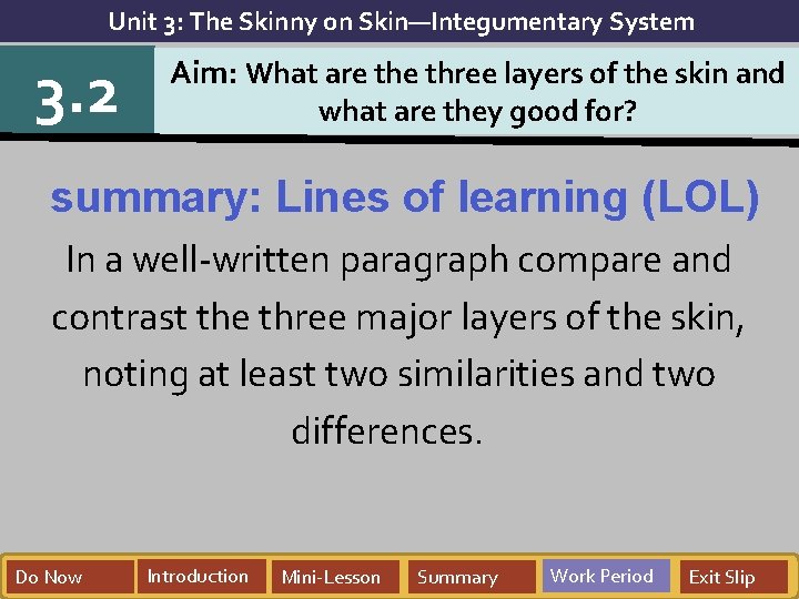 Unit 3: The Skinny on Skin—Integumentary System 3. 2 Aim: What are three layers