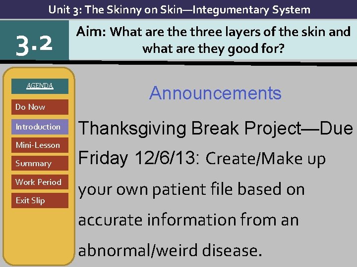Unit 3: The Skinny on Skin—Integumentary System 3. 2 AGENDA Do Now Introduction Mini-Lesson