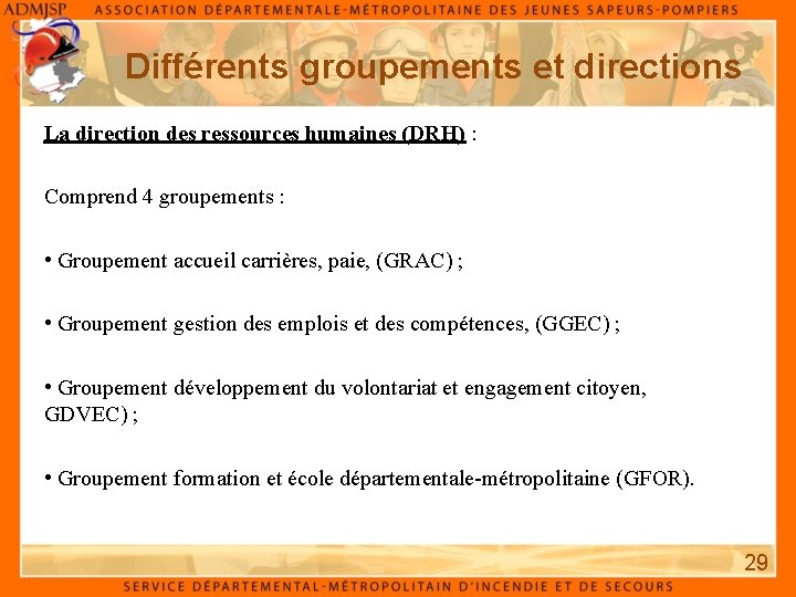 Différents groupements et directions La direction des ressources humaines (DRH) : Comprend 4 groupements Différents groupements et directions La direction des ressources humaines (DRH) : Comprend 4 groupements
