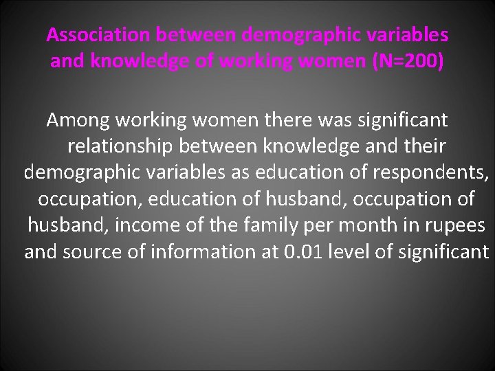 Association between demographic variables and knowledge of working women (N=200) Among working women there