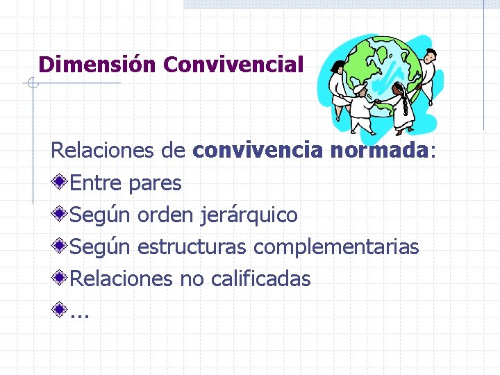 Dimensión Convivencial Relaciones de convivencia normada: Entre pares Según orden jerárquico Según estructuras complementarias