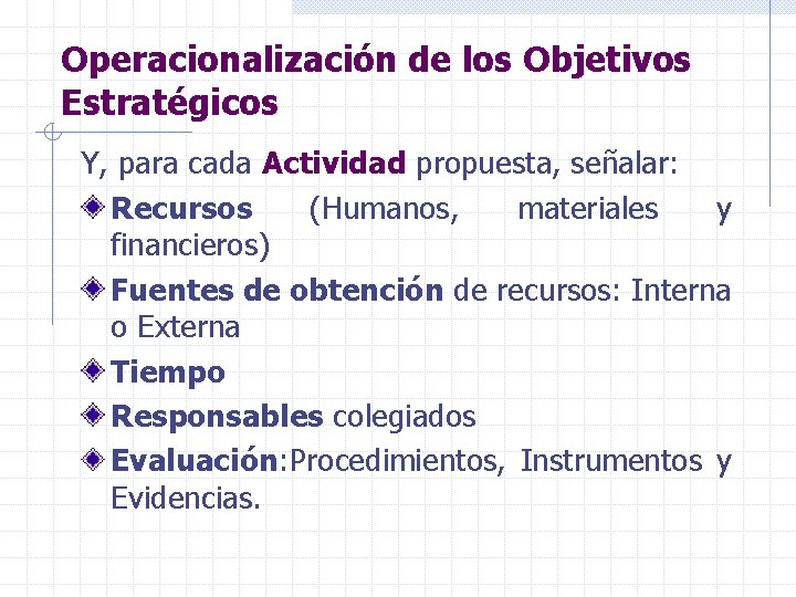 Operacionalización de los Objetivos Estratégicos Y, para cada Actividad propuesta, señalar: Recursos (Humanos, materiales