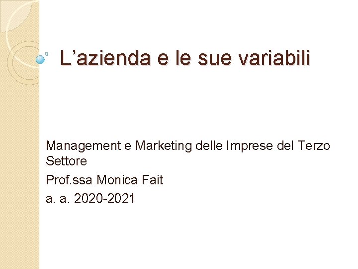 L’azienda e le sue variabili Management e Marketing delle Imprese del Terzo Settore Prof.