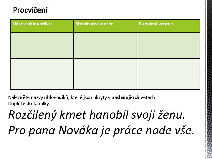 Název uhlovodíku Strukturní vzorec Sumární vzorec Nalezněte názvy uhlovodíků, které jsou ukryty v následujících