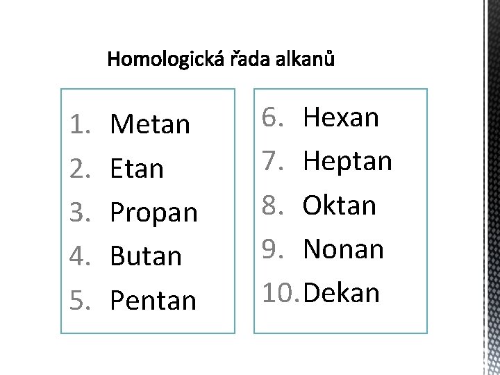 1. 2. 3. 4. 5. Metan Etan Propan Butan Pentan 6. Hexan 7. Heptan