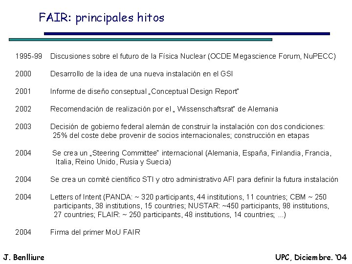 FAIR: principales hitos 1995 -99 Discusiones sobre el futuro de la Física Nuclear (OCDE