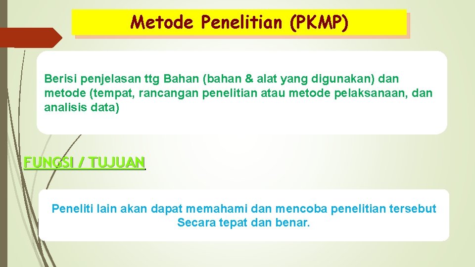 Metode Penelitian (PKMP) Berisi penjelasan ttg Bahan (bahan & alat yang digunakan) dan metode