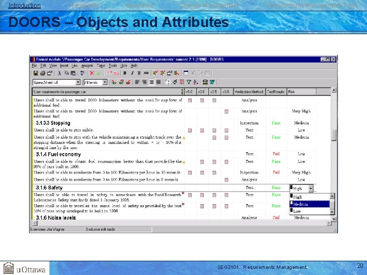 Introduction Traceability Baselines Change Management Requirements Management Tools DOORS – Objects and Attributes SEG