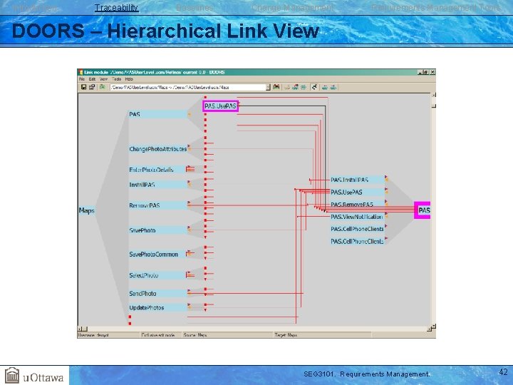 Introduction Traceability Baselines Change Management Requirements Management Tools DOORS – Hierarchical Link View SEG