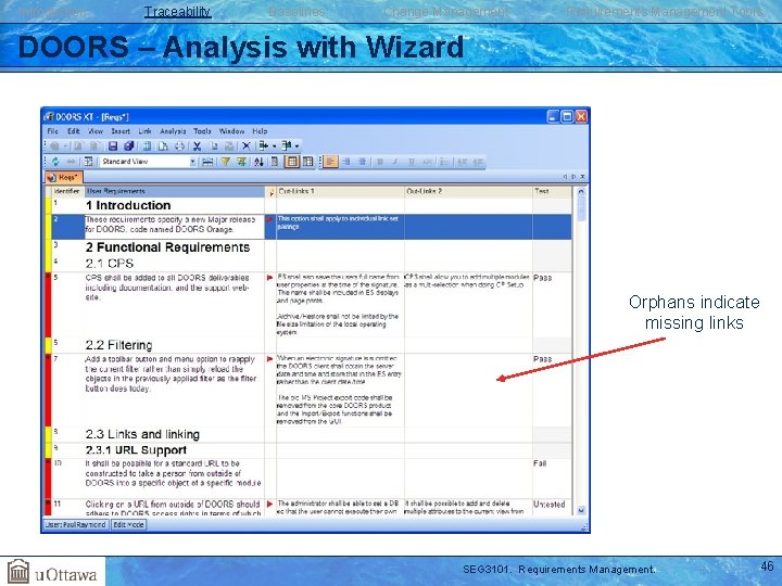 Introduction Traceability Baselines Change Management Requirements Management Tools DOORS – Analysis with Wizard Orphans