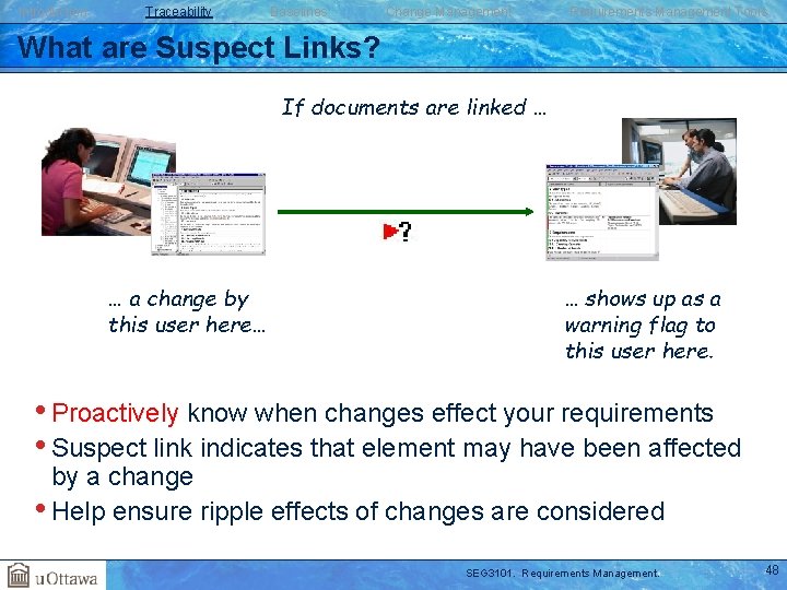 Introduction Traceability Baselines Change Management Requirements Management Tools What are Suspect Links? If documents