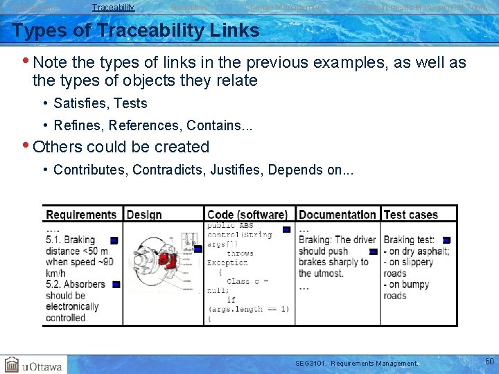 Introduction Traceability Baselines Change Management Requirements Management Tools Types of Traceability Links • Note