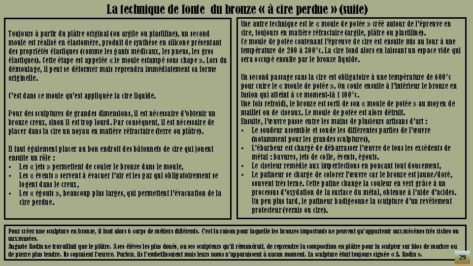 La technique de fonte du bronze « à cire perdue » (suite) Toujours à