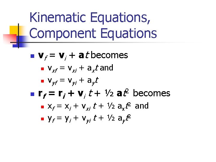 Kinematic Equations, Component Equations n vf = vi + at becomes n n n Kinematic Equations, Component Equations n vf = vi + at becomes n n n