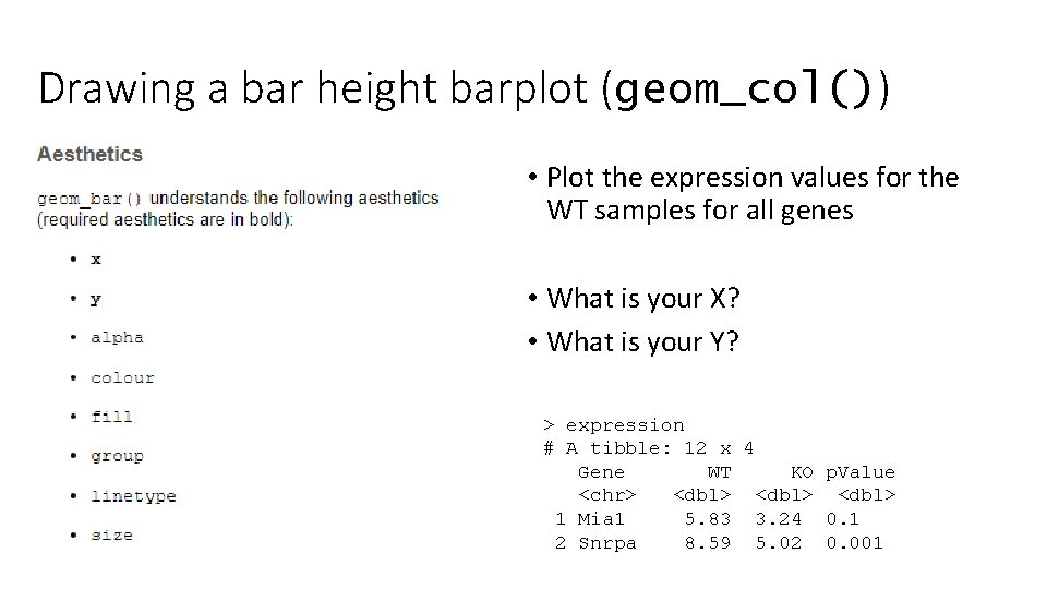 Drawing a bar height barplot (geom_col()) • Plot the expression values for the WT