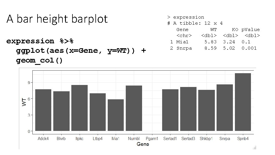 A bar height barplot expression %>% ggplot(aes(x=Gene, y=WT)) + geom_col() > expression # A