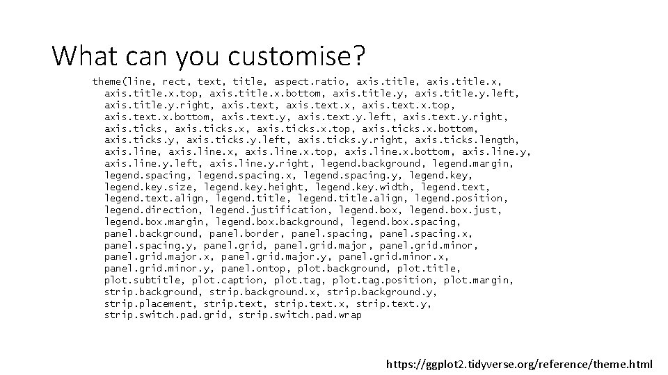 What can you customise? theme(line, rect, text, title, aspect. ratio, axis. title. x, axis.