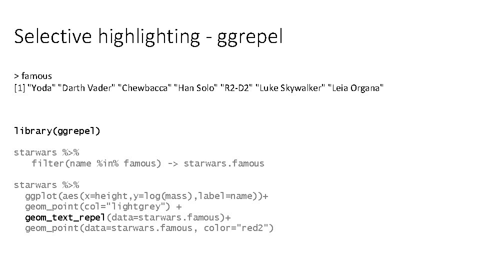 Selective highlighting - ggrepel > famous [1] "Yoda" "Darth Vader" "Chewbacca" "Han Solo" "R
