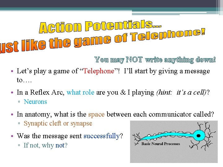 You may NOT write anything down! • Let’s play a game of “Telephone”! I’ll