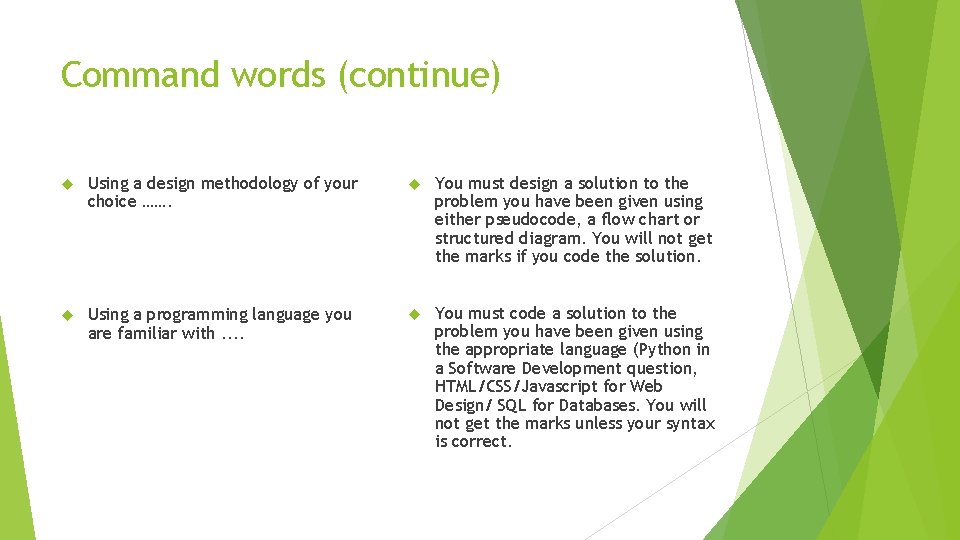 Command words (continue) Using a design methodology of your choice ……. You must design