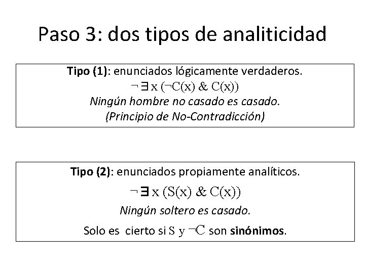 Paso 3: dos tipos de analiticidad Tipo (1): enunciados lógicamente verdaderos. ¬∃x (¬C(x) & Paso 3: dos tipos de analiticidad Tipo (1): enunciados lógicamente verdaderos. ¬∃x (¬C(x) &
