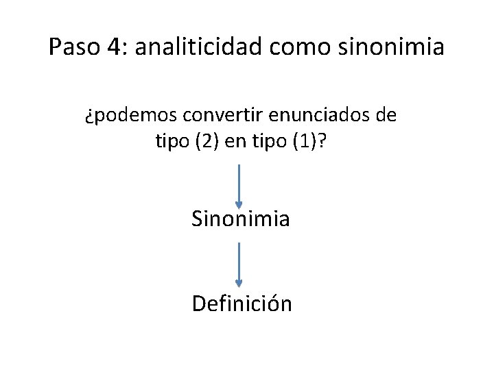 Paso 4: analiticidad como sinonimia ¿podemos convertir enunciados de tipo (2) en tipo (1)? Paso 4: analiticidad como sinonimia ¿podemos convertir enunciados de tipo (2) en tipo (1)?