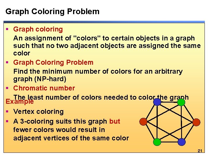 Graph Coloring Problem § Graph coloring An assignment of "colors" to certain objects in