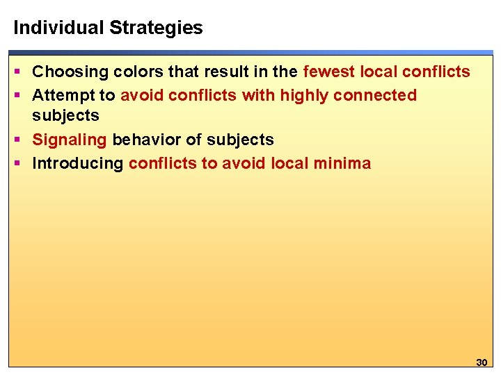 Individual Strategies § Choosing colors that result in the fewest local conflicts § Attempt