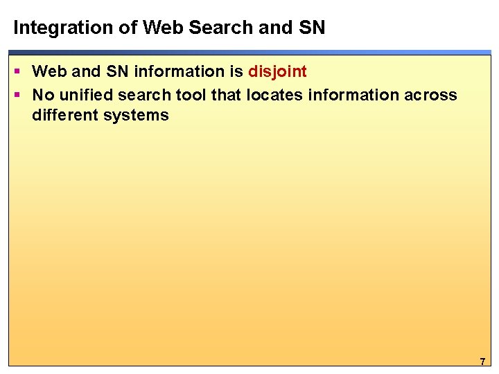 Integration of Web Search and SN § Web and SN information is disjoint §