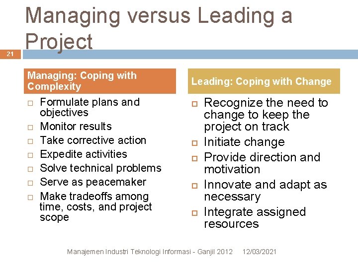 21 Managing versus Leading a Project Managing: Coping with Complexity Formulate plans and objectives 21 Managing versus Leading a Project Managing: Coping with Complexity Formulate plans and objectives