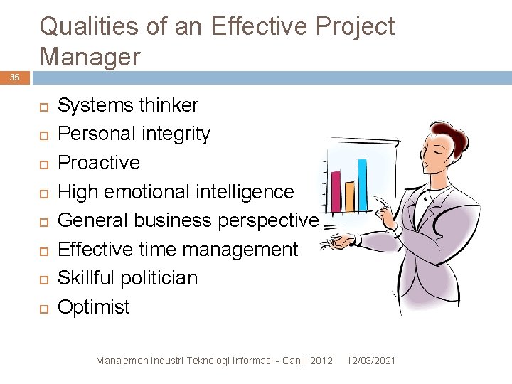 Qualities of an Effective Project Manager 35 Systems thinker Personal integrity Proactive High emotional Qualities of an Effective Project Manager 35 Systems thinker Personal integrity Proactive High emotional