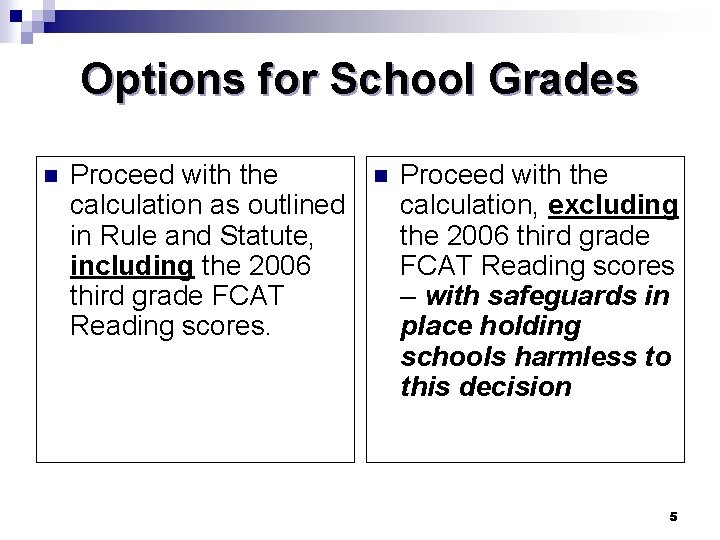 Options for School Grades n Proceed with the calculation as outlined in Rule and