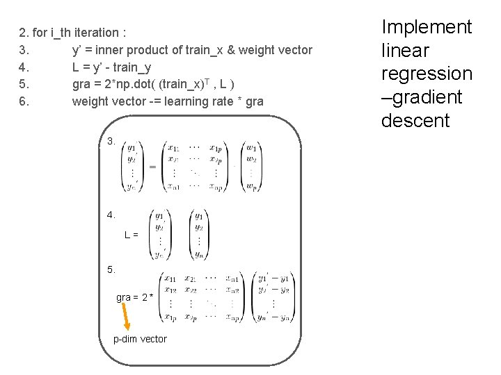 2. for i_th iteration : 3. y’ = inner product of train_x & weight