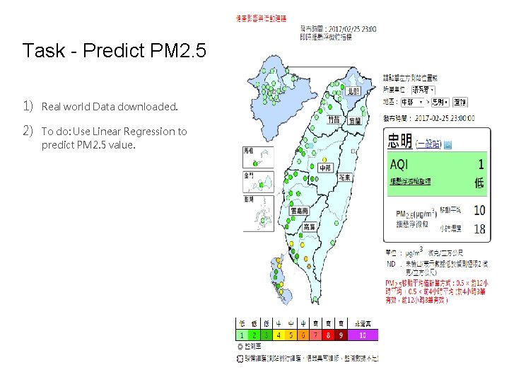 Task - Predict PM 2. 5 1) Real world Data downloaded. 2) To do: