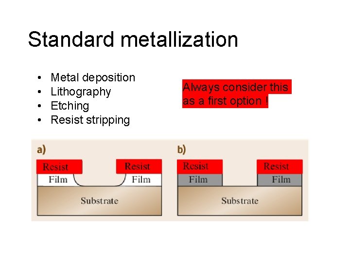 Standard metallization • • Metal deposition Lithography Etching Resist stripping Always consider this as
