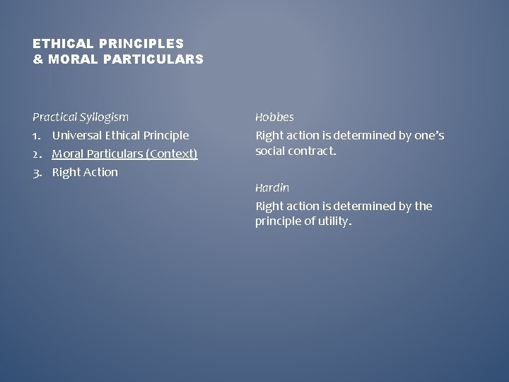 ETHICAL PRINCIPLES & MORAL PARTICULARS Practical Syllogism 1. Universal Ethical Principle 2. Moral Particulars
